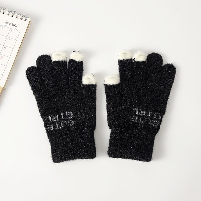 Winter Cartoon Cute Parent Child Gloves Riding Knitted Warm and Cold Baby Leaking Finger Gloves Yarn Thickened Gloves