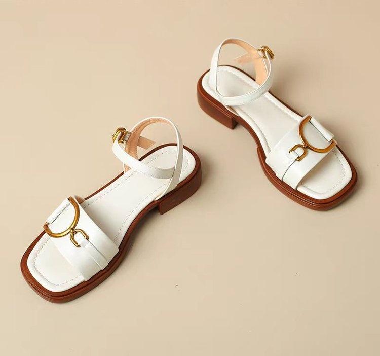 Fashion 2025 Retro Fashion Sandals Women's Summer Thin Open-toed Buckle Low-heeled Shoes Fashion Metal button Women Rubber Sandlias