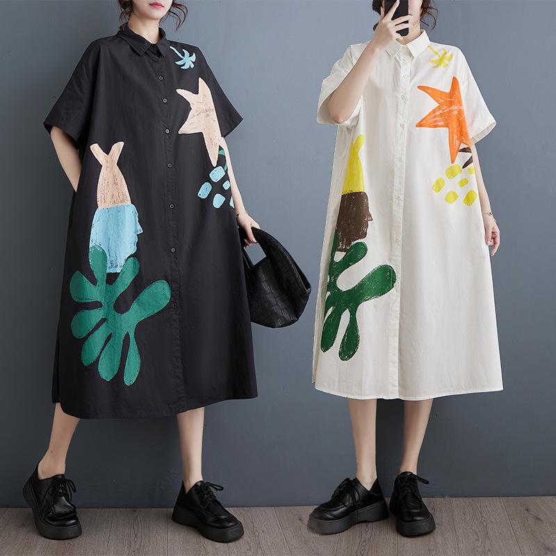 Summer Loose Plus Size Printed Patchwork Casual Short Sleeve Dress One Size белый
