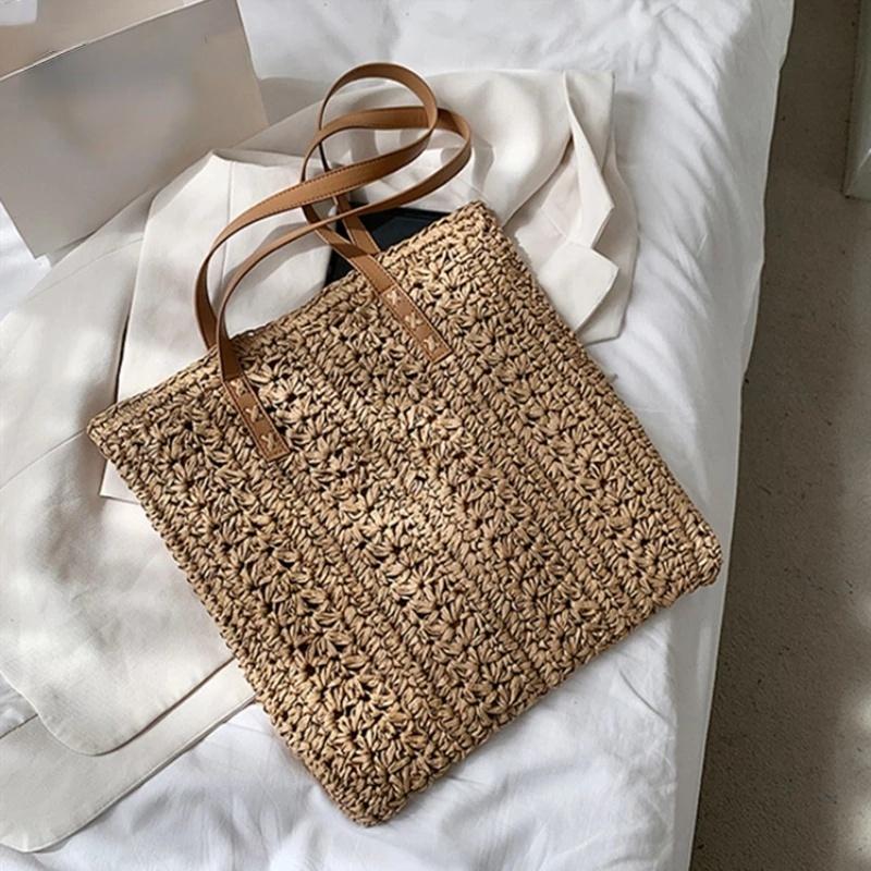Square Hollow Straw Beach Bag Handmade Woven Shoulder Bag Rattan Shopping Travel Bag Bohemian Summer Vacation Casual Tote