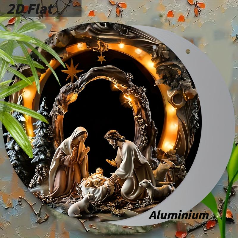 2D Flat Aluminium Nativity Christmas Sign - Holy Night Figurine Ornaments with Jesus - Aluminium Manger Sign - Ideal for Front Door, Wall, Porch