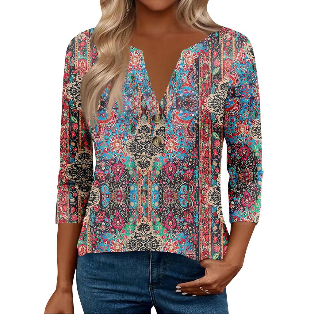 3/4 Sleeve Womens Tops For Women Henely Tops Button V Neck Loose Fit Dressy Womens Summer Tops