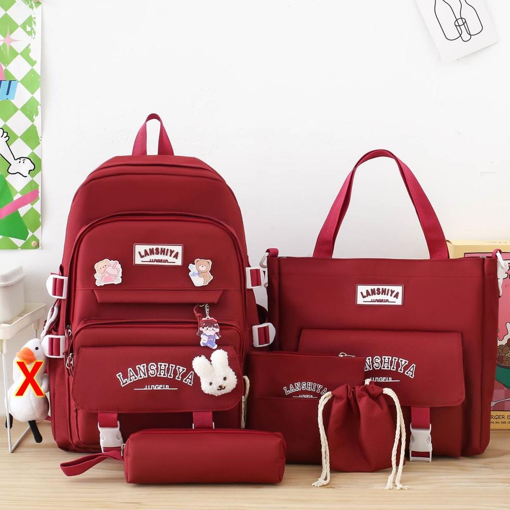 Korean Version Instagram Backpack Five Piece Set Primary School Girl Backpack Forest Junior High School High Capacity Backpack
