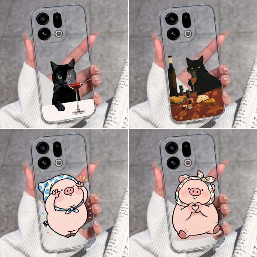 For Oppo Find X9 X8 X7 X5 Pro X2 Lite Reno8 Pro Pro+ Phone Case Black Cat Wine Glass Patterns Transparent TPU Protection Covers For Oppo Bumper Casing