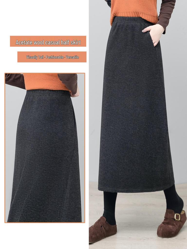 Women's Gray Wool Slimming Midi Skirt: Casual, Comfortable, and Drapey for Autumn/Winter
