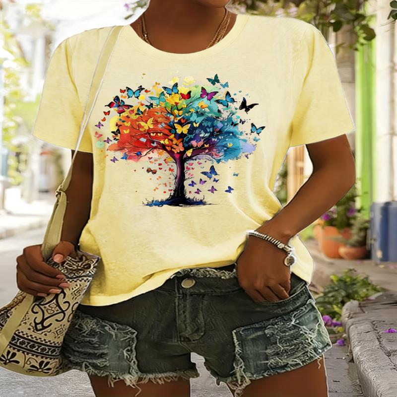 Lady CLothes Crew Neck Short Sleeve Watercolor StyleColorful Butterfly Tree Print T Shirt Women's Outfits Casual Daily Wear