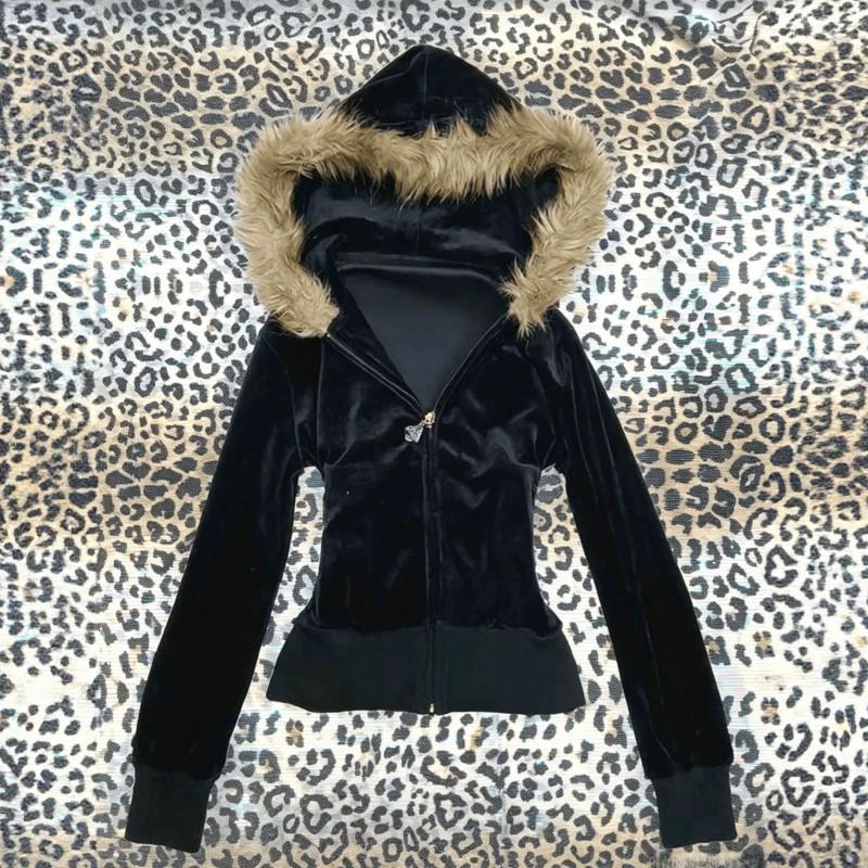 Y2K Retro Chic Hooded Crop Sweatshirt Women With Faux Fur Trim Zipper Front Slim Fit Long Sleeve