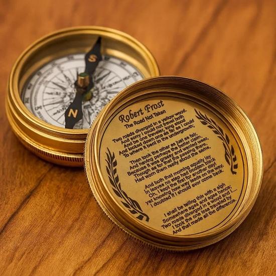 100-Year Brass Calendar Compass Engraved with Wood Box Gift for Him 5.58 Cm