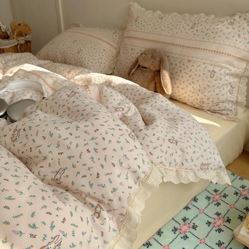 Seersucker Floral Bedding Four-piece Set Washed Skin-friendly Breathable Sheets Quilt Cover Pillowcase