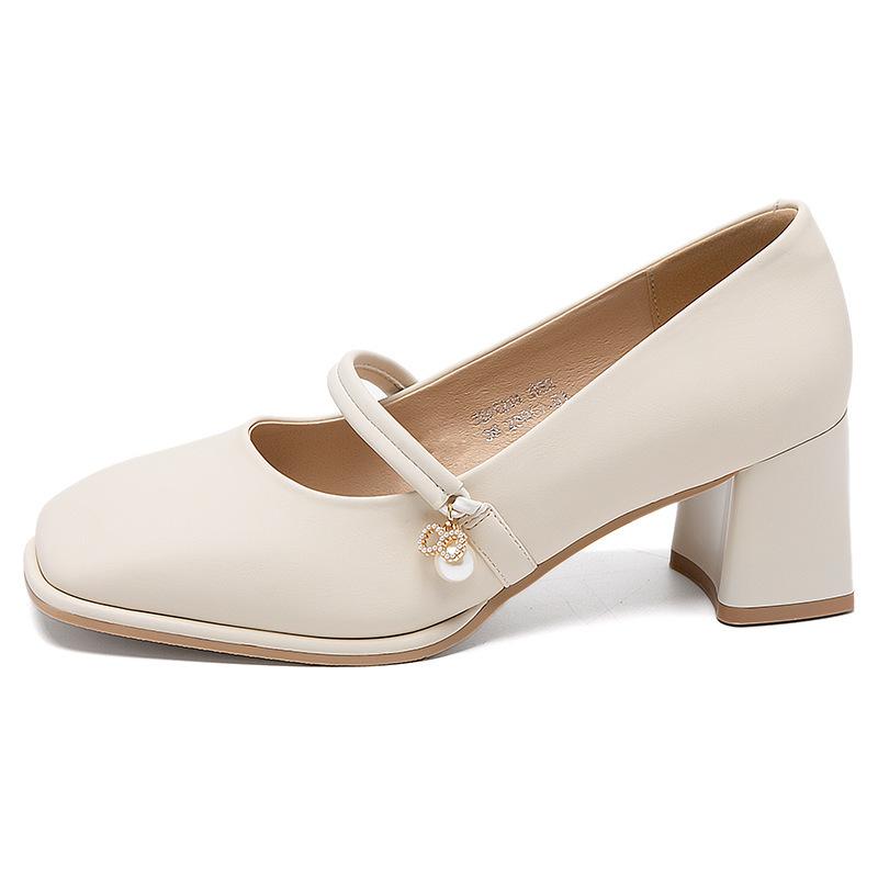 Augustine Mary Jane thick heels summer new high heels square head French small leather shoes gentle single shoes
