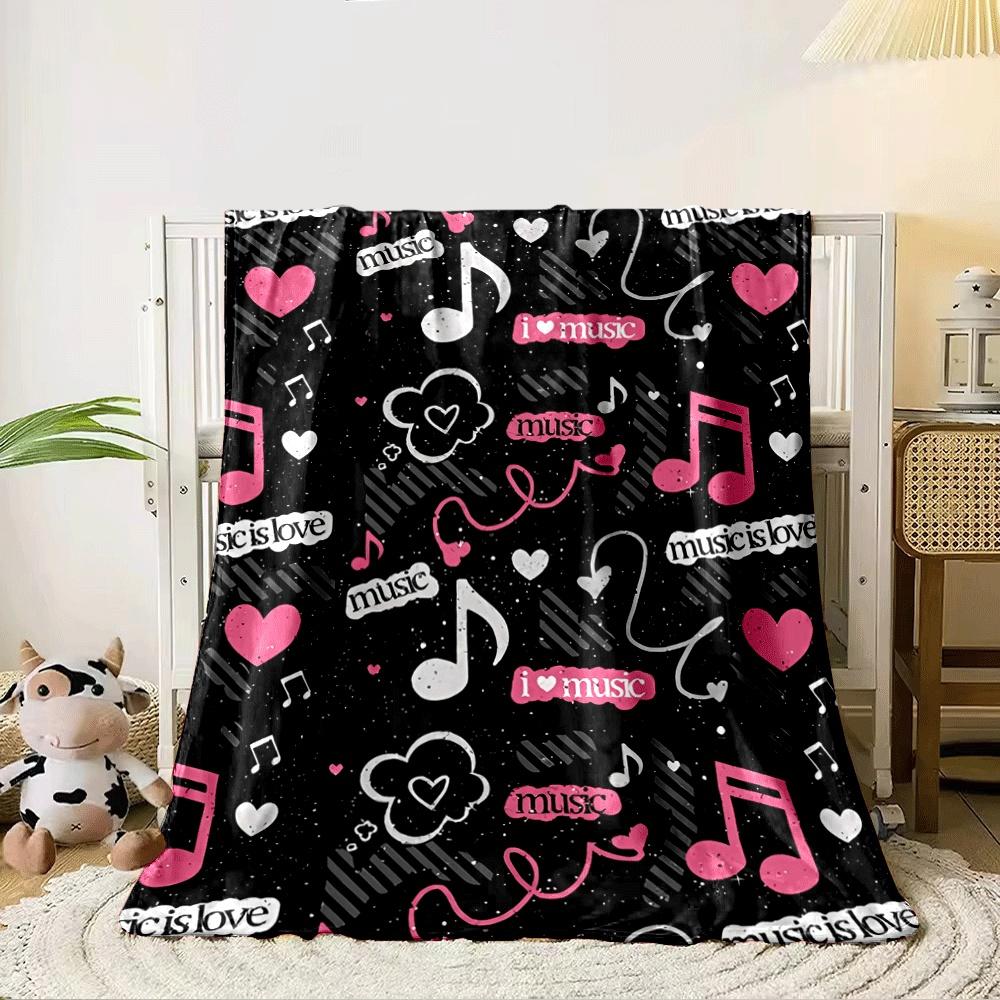 Music-themed pattern with pink and white hearts, notes, and text elements. for all seasons blanket lunch break throw gift 80cm x 120cm
