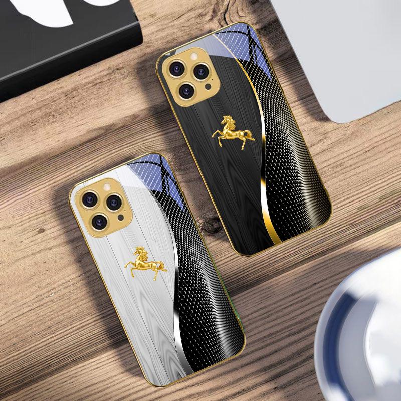 Holzmaserung Goldenes Pferd Für IPhone 16 Pro Max 15 Pro 14 13 Plus 12 Mini 11Pro Max XS Max XR Goldene gehärtete Glas Handyhülle