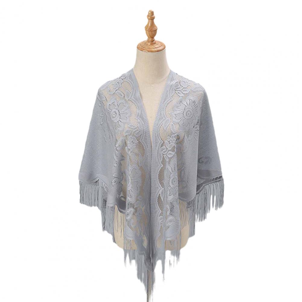 1116  Women Party Shawl Flower Embroidery Hollow Out Tassel See-through Solid Color Clothes Matching Cardigan Prom Scarf Lady