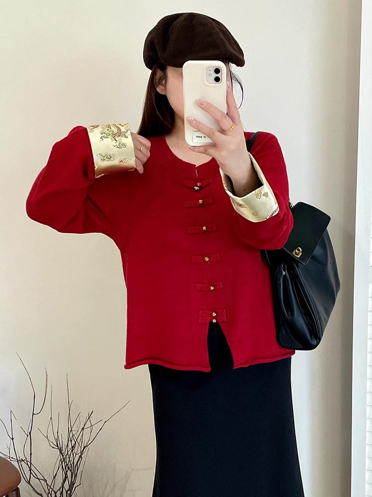 Elegant Plus Size Women's Red Jacket - New Chinese National Style, Autumn 2025 Knitwear, Style 22115