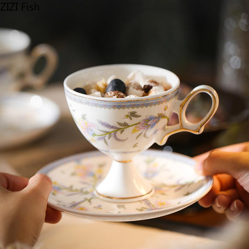 Gold-plated Flower Ceramic Cup&saucer Goblet Mugs Dining Table Coffee Mug Milk Cups Afternoon Tea Teacup Fruit Juice Container