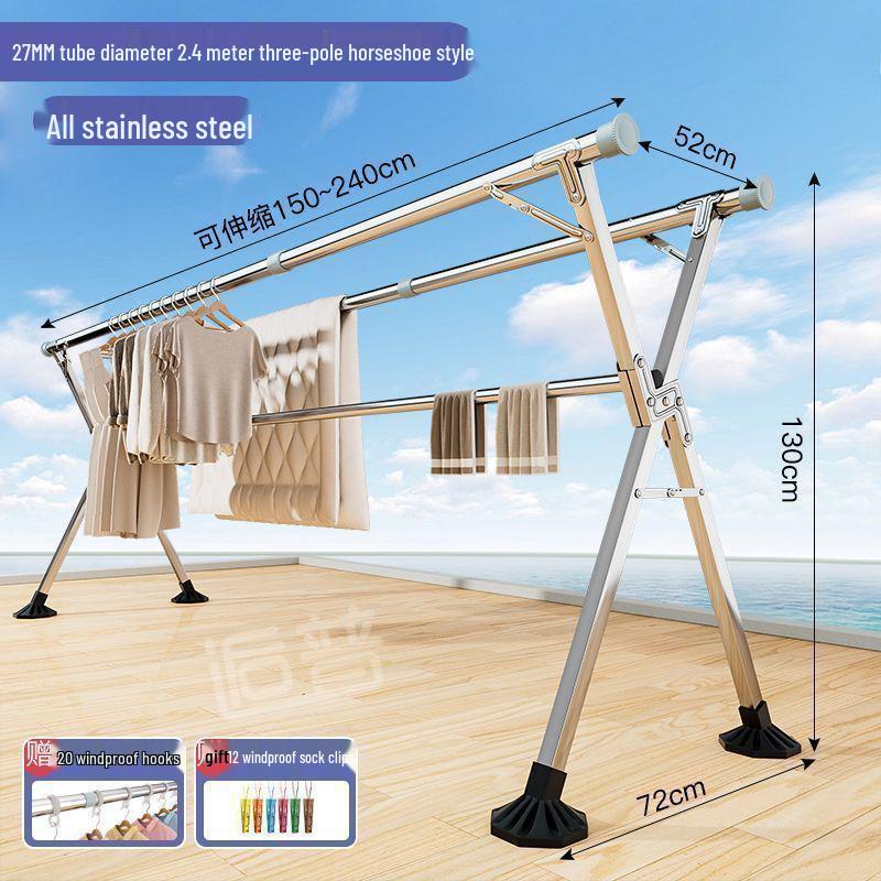 Bold Stainless Steel Telescopic Clothes Drying Rack: Floor-Standing, Foldable for Indoor/Outdoor Use, Vertical Hanging & Drying Rod