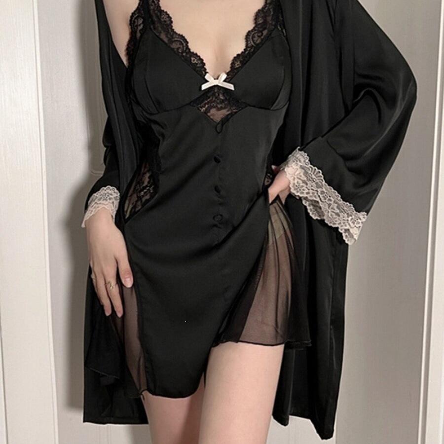 

Plus Size Women s Autumn/Winter Lace Camisole Nightgown and Robe Set 4XL (suggested 180-200 jin)