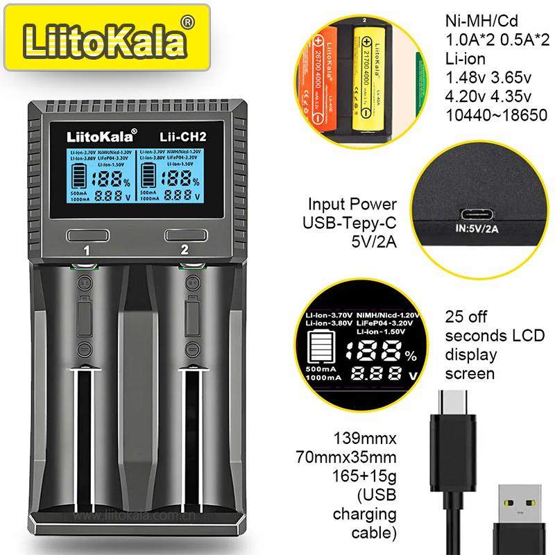 LiitoKala Lii-CH4 Smart-Ladegerät für 18650/21700/26650/AA/AAA/Ni-MH/Li-ion, 1,2V/1,5V 4-Schacht Schnellladung, USB-C, Automatische Erkennung