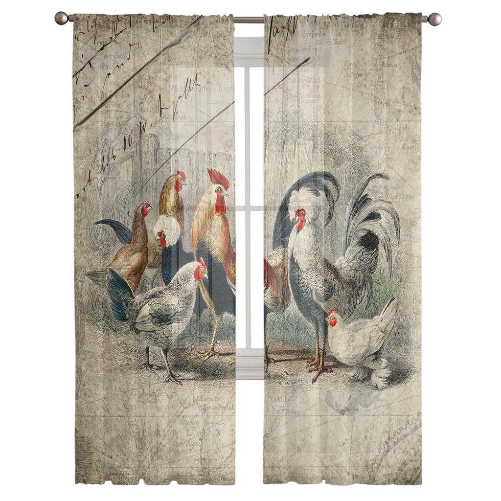 Bauernhof Hahn Huhn Retro Illustration Transparente Vorhänge für Wohnzimmer Tüll für Fenster Voile Garn Kurze Schlafzimmervorhänge