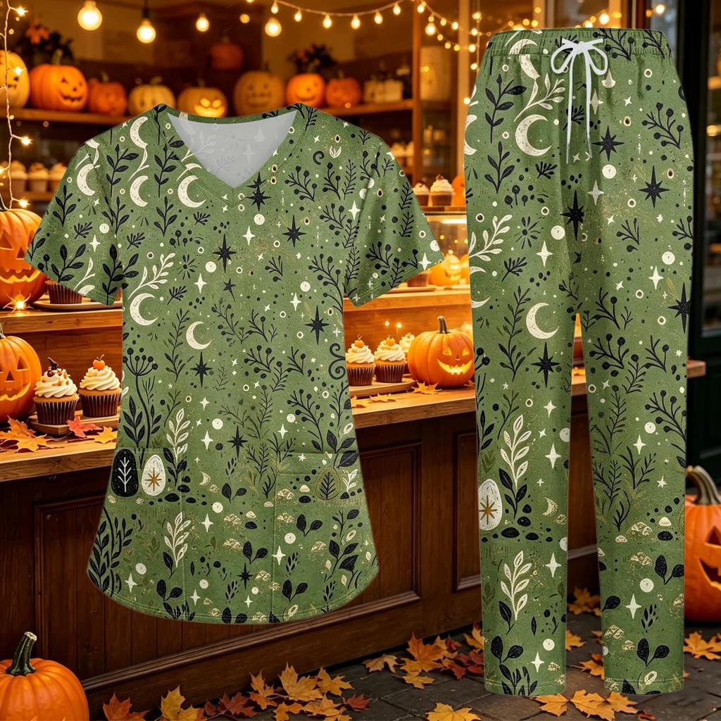 Women's V-Neck Short Sleeve Scrub Set with Pockets, Botanical Print Two-Piece for Caregivers