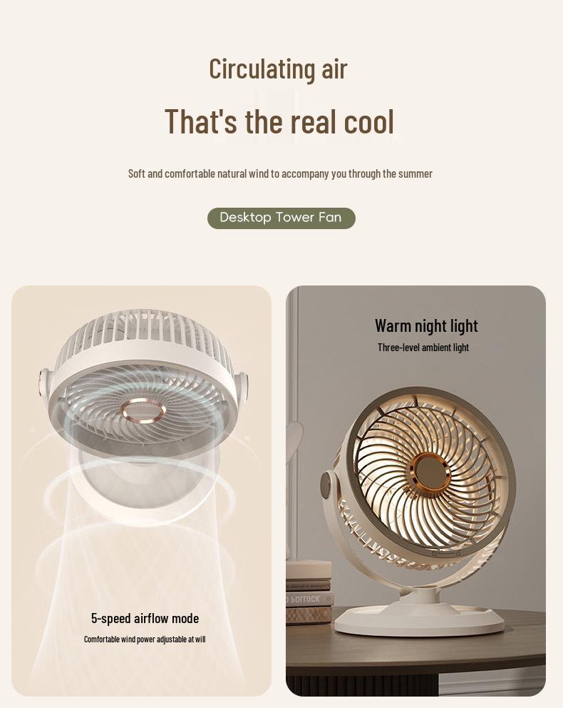USB Rechargeable Desktop Fan with Night Light and Long Battery Life for Home, Air Circulation & Outdoor Use