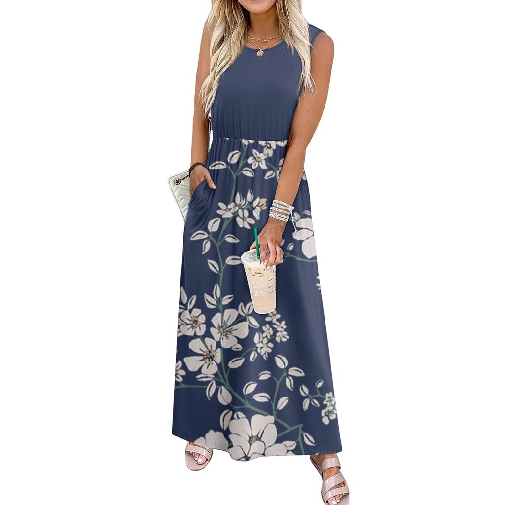 Sleeveless Floral Print Maxi Dress for Women Casual Waist Defined Long Dress Lightweight Summer Style Crew Neck