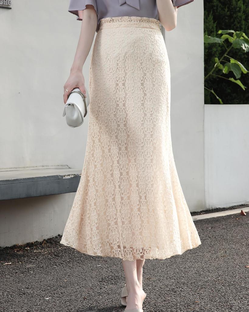 Yino Long Mermaid Lace Floral Elastic Commuting Women's Skirt, Skirt, Print, Flared, Ankle-Length, Waist, Stretch, Flattering, Slimming, Feminine,