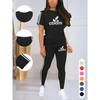 Women 2Pcs Yoga Set Short Sleeve Top High Waist Long Leggings Stretch Fitness Sportswear