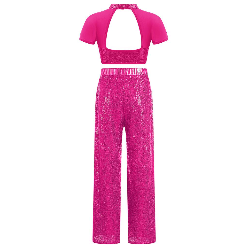 Mädchen Latein Jazz Tanzkostüm Stehkragen Kurzarm Mesh Patchwork Cutout Rücken Glänzende Pailletten Crop Top Paillettenhose