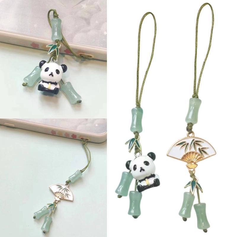 Stylish Cyan Pandas/Fan Phone Lanyard Trendy Han Costume Pendants Fashion Bamboo Joint Phone Charm Straps Ornaments