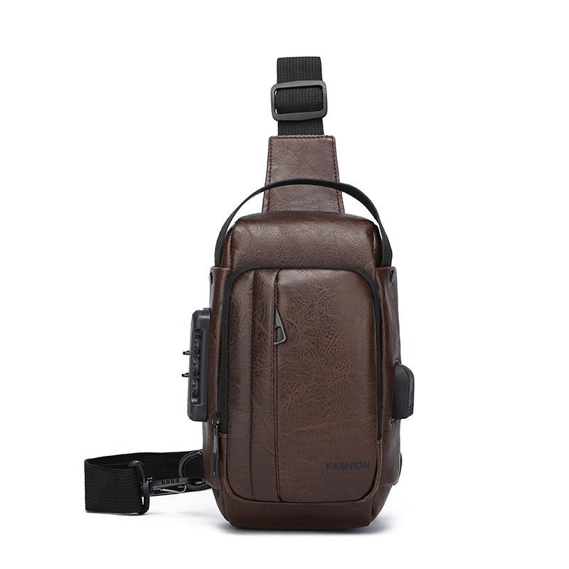 Men's Chest Bag Anti-theft USB Business Messenger Bag Multifunctional Water Repellent Shoulder Bag PU Commuter Backpack Men
