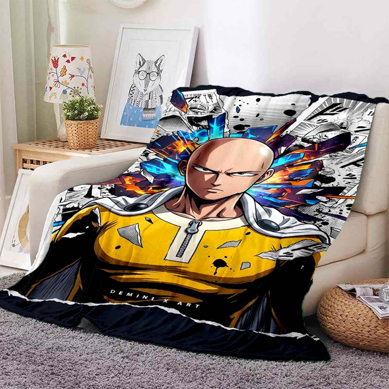 One Punch Man Anime Character Print Flannel Blanket Cozy Warm Throw Sofa Bedroom Present Indoor Home Seasonal Lounge Decor