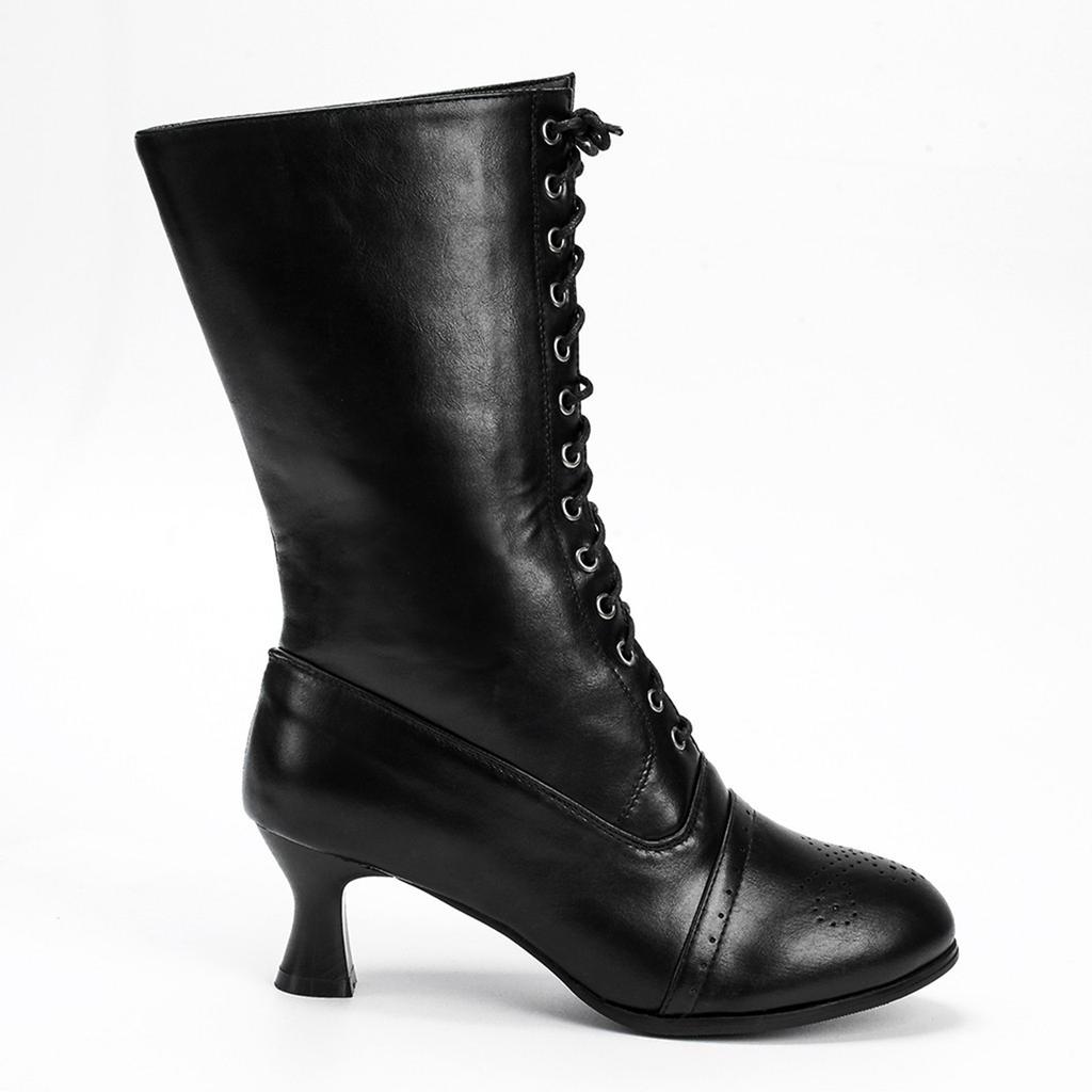 Women Pointed Toe Lace Spike Heels Punk Med Heels Boots Shoes