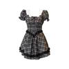 Summer French Vintage College Style Square Neck Lace Bubble Sleeve Plaid Dress Women's Waist Princess Fluffy Dress