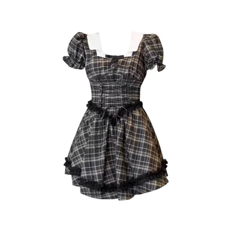 Summer French Vintage College Style Square Neck Lace Bubble Sleeve Plaid Dress Women's Waist Princess Fluffy Dress
