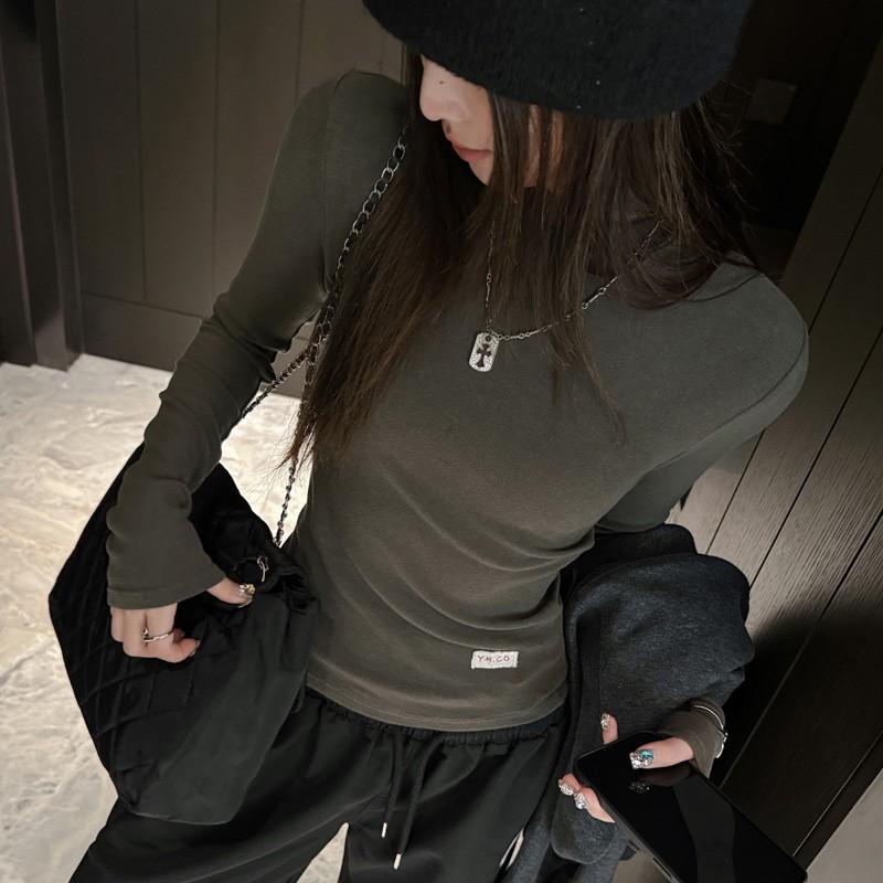 Soft Fleece-Lined Round Neck Long Sleeve Tee Women Slim Fit Korean Style Base Layer Top Fall Winter