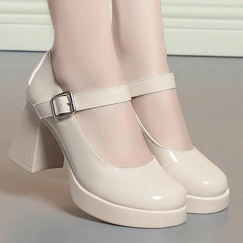 Fashion Platform High Heels for Women's Fashion Shallow Mouth Buckle Round Chunky Heel Mary Jane Shoes Spring and Summer New Women Pumps