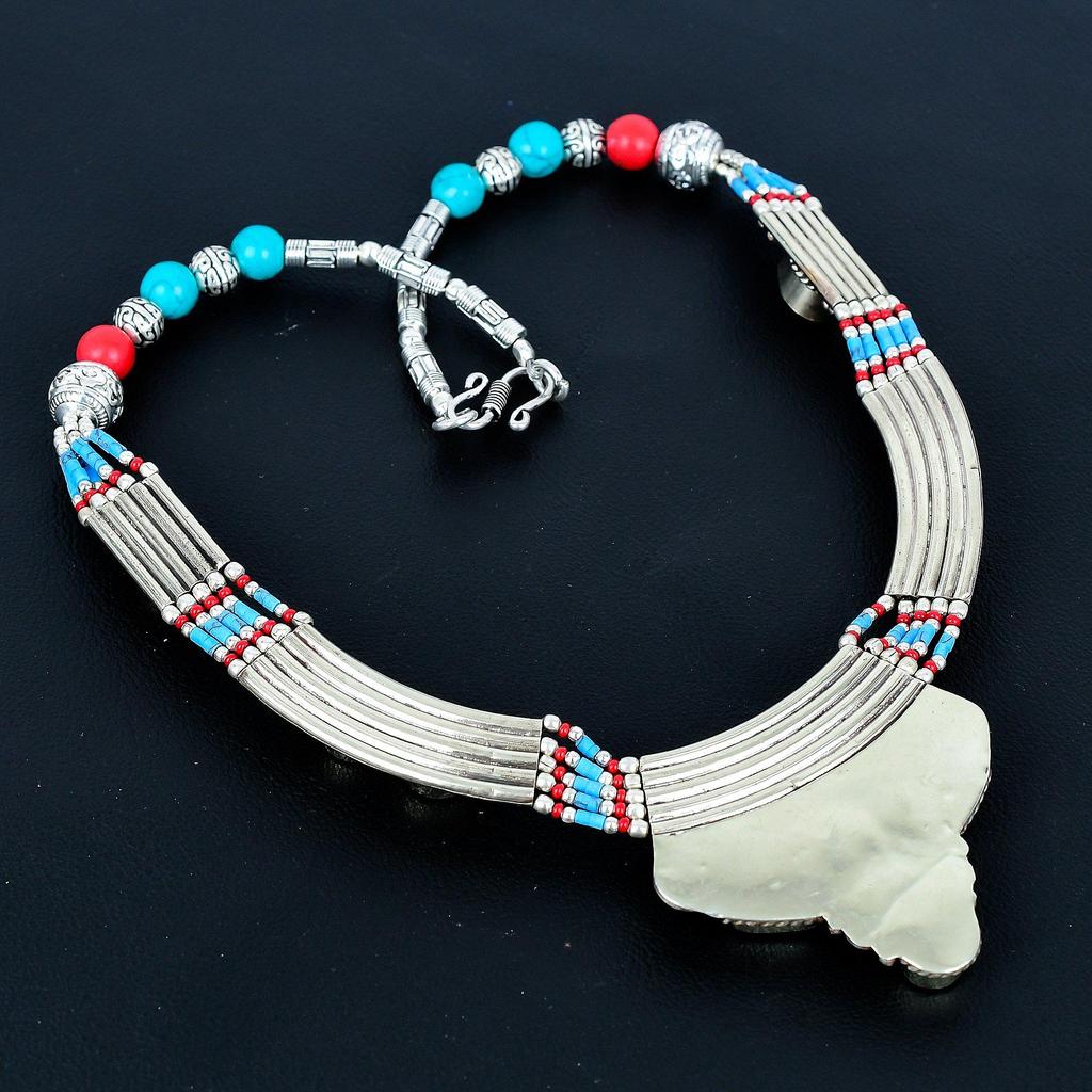 Red Coral, Turquoise 925 Silver Necklace Tibetan Silver Necklace Handmade Bead Jewelry Ethnic Jewelry Bohemian Nepali Necklace Elegant Unique Jewelry