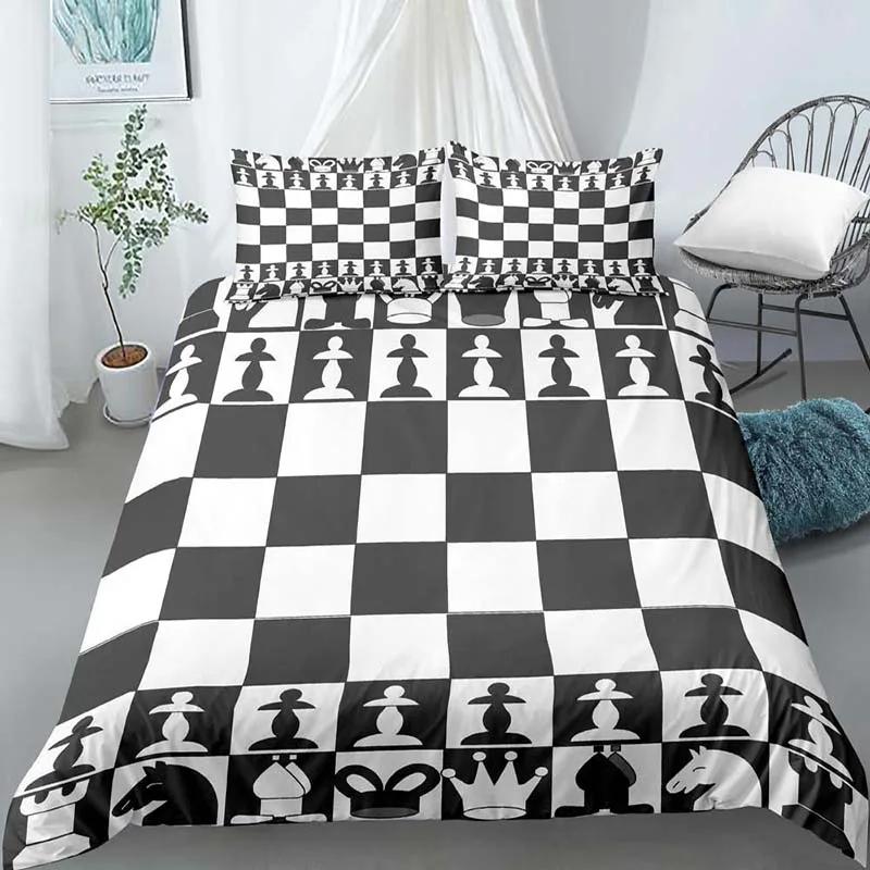 Chess Board Duvet Cover Set 3D Print International Chess Black White Comforter Cover For Boys Girls Polyester Bedding Set