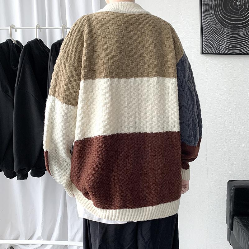 Autumn and Winter Contrast Color Splicing Sweater Jacket Men's Trendy Ins Korean Version Trendy High Street Outer Wear Sweater Trendy Sweater