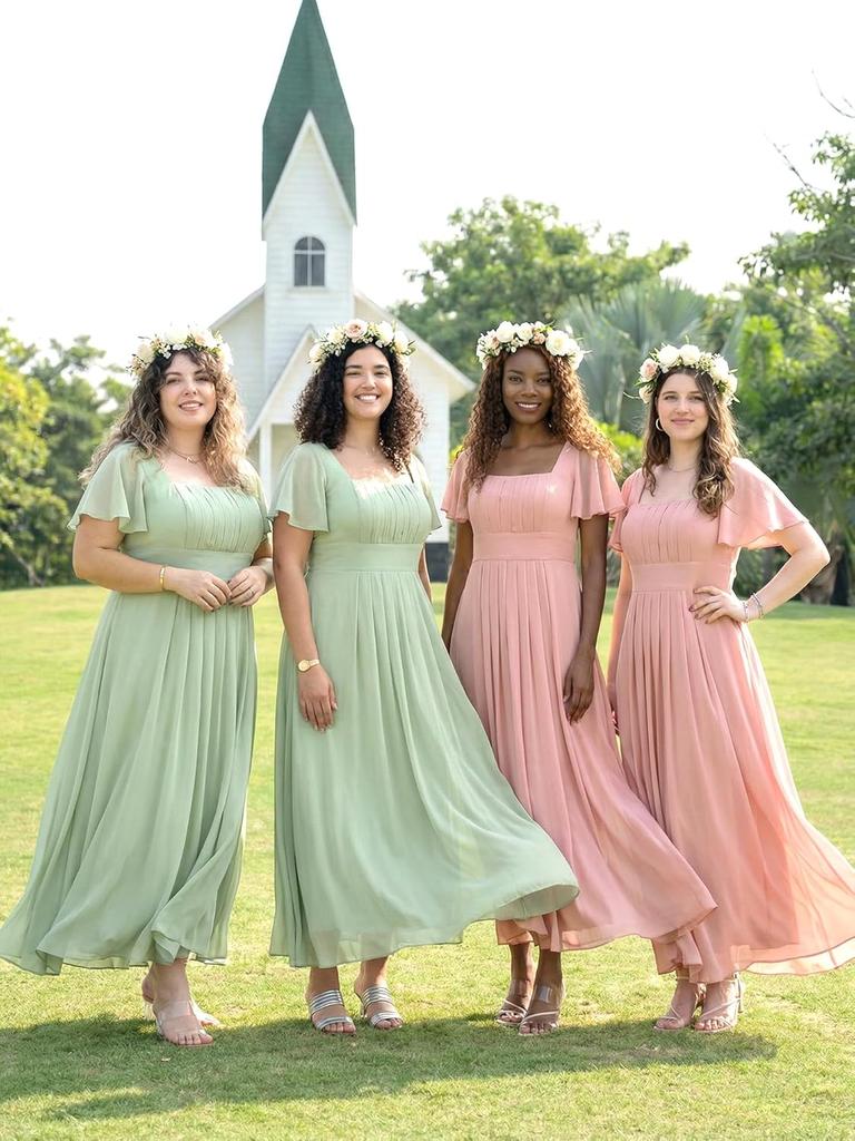 Ever-Pretty Women's Spring Short Sleeves Square Neck Chiffon Tie Back Elastic Back Waistband Formal Wedding Guest Dress Bridesmaid Dresses