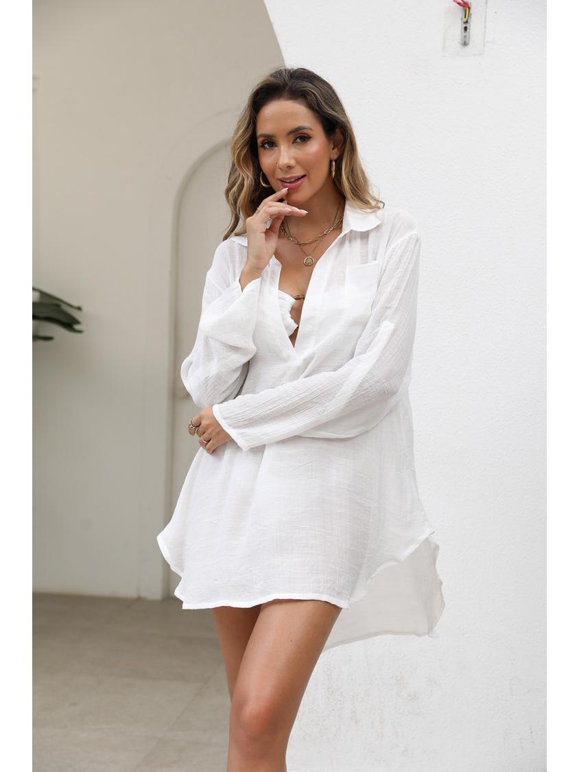 

Европейский и американский хит продаж - накидка-бикини для защиты от солнца: Ранняя осень Пляжный стиль Свободная рубашка One-size белый