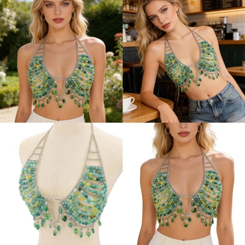 Stylish Green Pearls Bead Chest Chain with Acrylic Beads for Versatile Outfit Matching Suitable Any Social Event