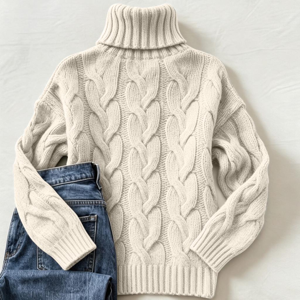 Women's Cable Knit Turtleneck Long Sleeve Sweater Color Casual Comfortable Top