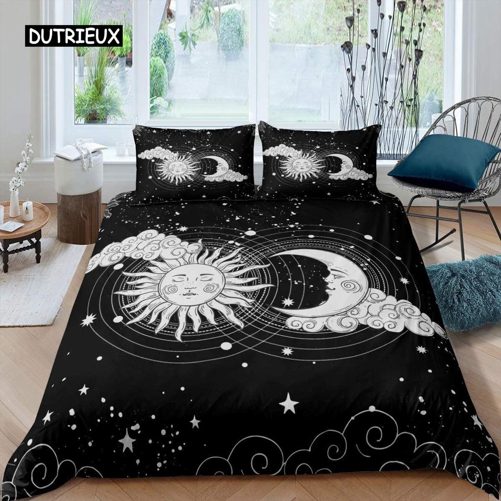 Sun Moon Duvet Cover Set Queen Microfiber Bohemian Black and White Print Yin Yang Comforter Cover Galaxy Star Twin Bedding Set