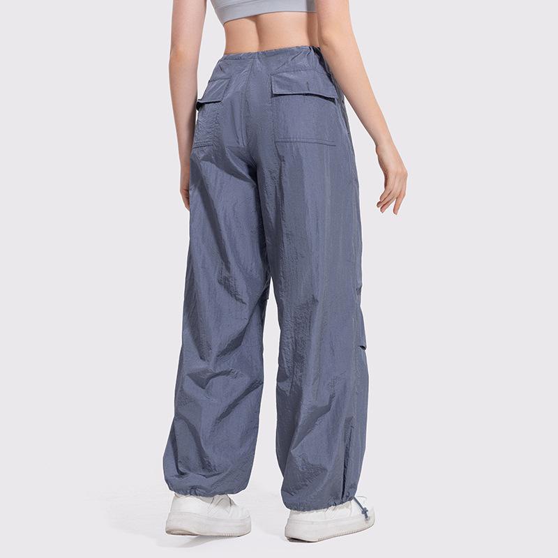 Women's Y2K Wide-Leg Cargo Pants with Drawstring - Slimming American Parachute Design for Casual Sport.