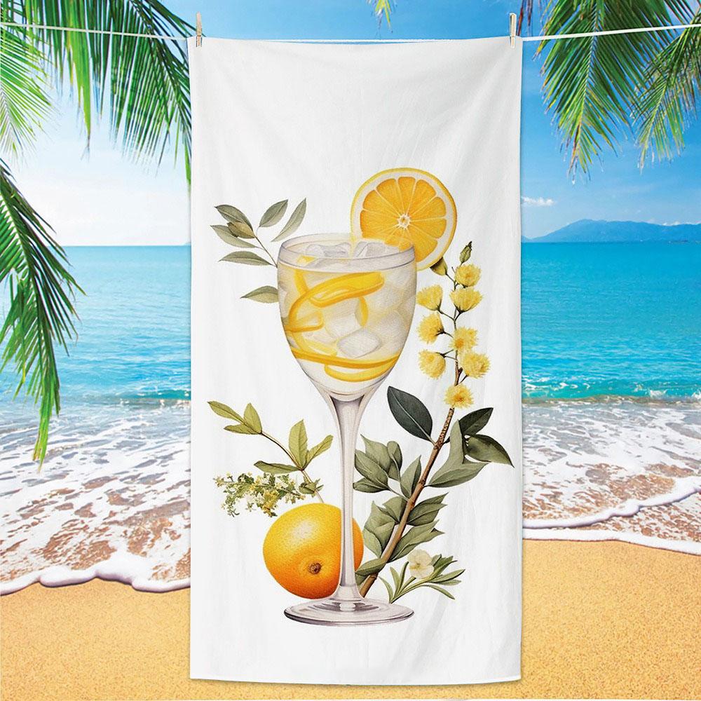 Orange Cocktail Polyester Beach Towel Summer Drink Printed Bath Towel Quick Dry Sand Free for Pool Party Holiday Seaside Spa