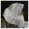 Women Satin Pleated Midi Skirt Elegant Elastic Waist Solid Color A-line Skirt