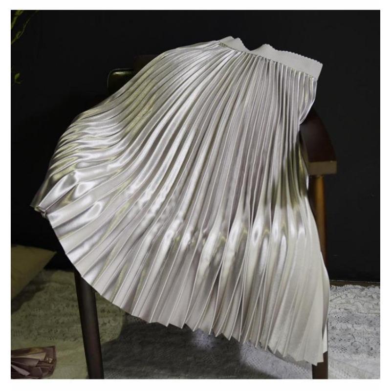 Women Satin Pleated Midi Skirt Elegant Elastic Waist Solid Color A-line Skirt