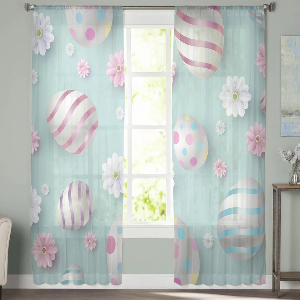 Easter Egg Flowers Are Pink Blue Tulle Curtains For Living Room Bedroom Voile Sheer Curtain Window Home Decor Drapes